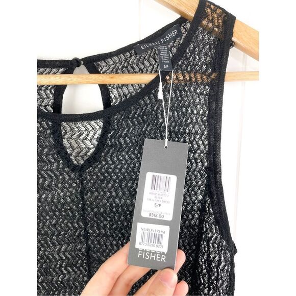 NWT $318 Eileen Fisher Sheer Hemp Herringbone Lace Open Knit Tank Dress Black - Picture 7 of 14